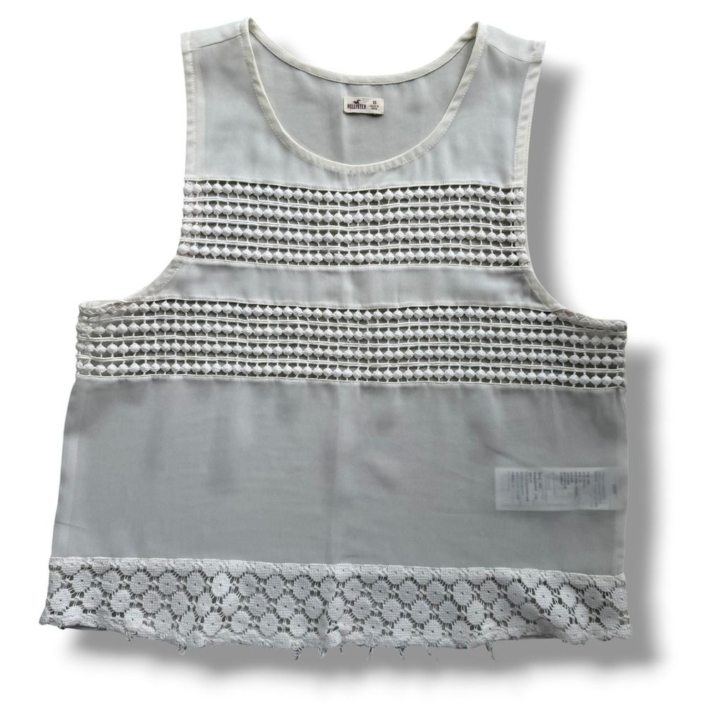Hollister Women XS White Crochet Lace Trim Sleeveless Sheer Boho Blouse Tank Y2K
